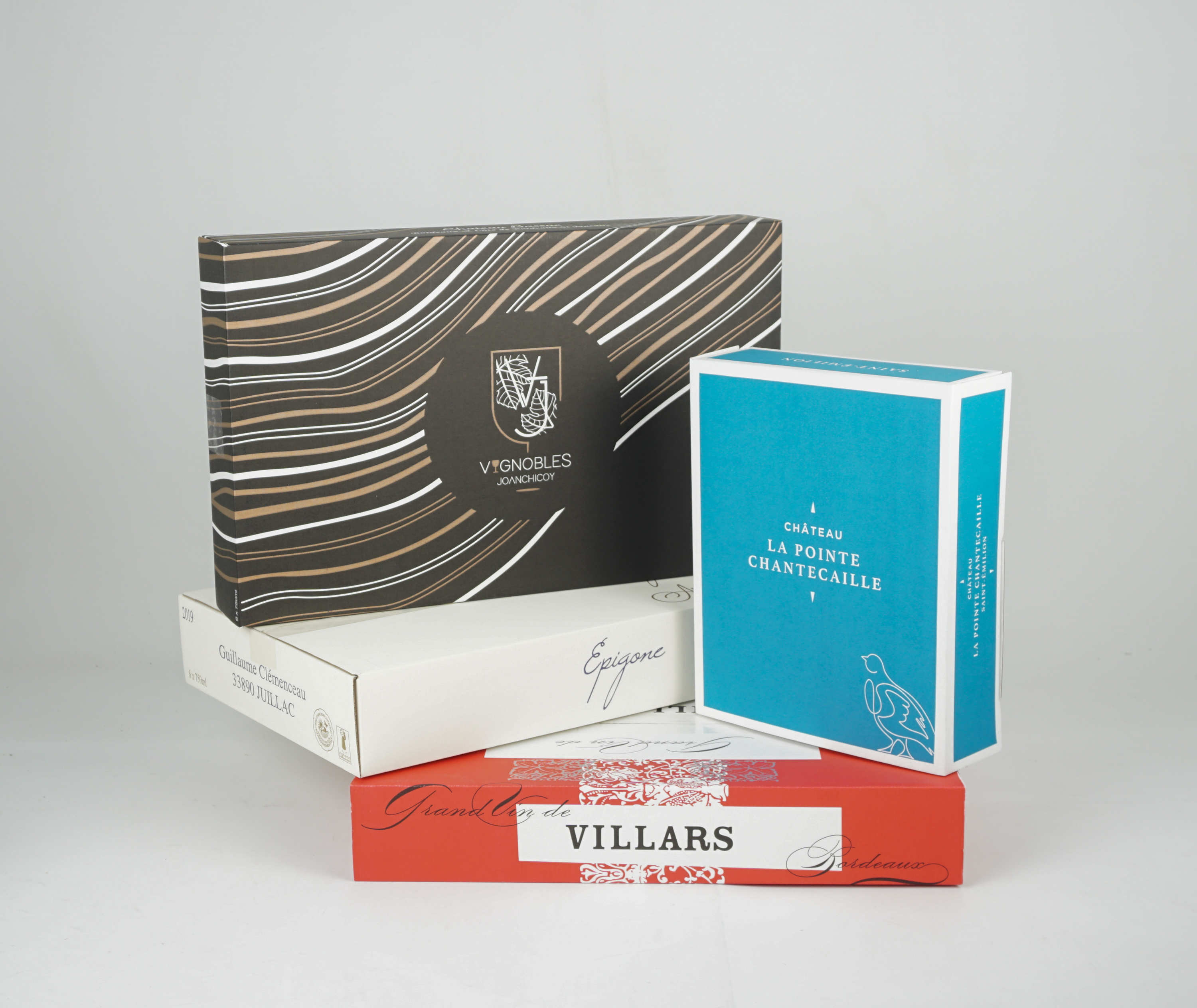 Caisses et coffrets Maubrac pour Vignobles Joanchicoy, Château La Pointe Chantecaille, Épigone et Villars